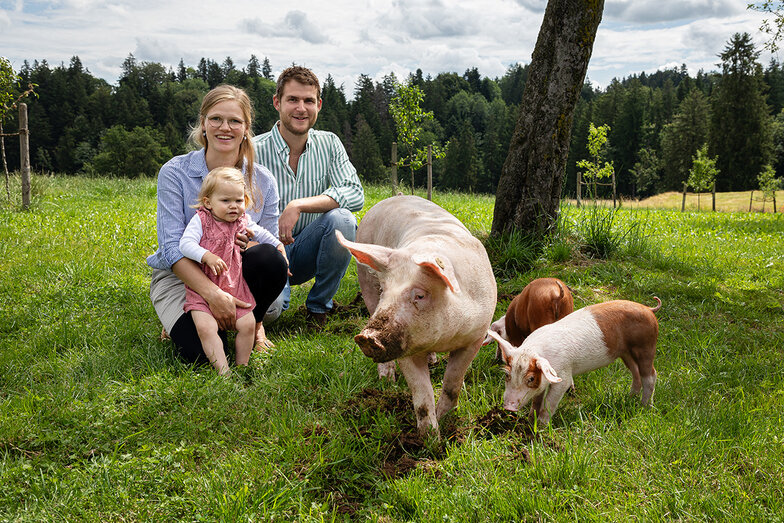kleine Familie in einem großen Garten mit ihren 3 süßen Schweinen