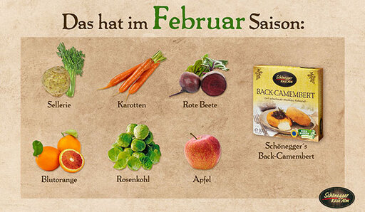 Vielfältiger Saisonkalender mit Obst, Gemüse und Käse für Februar